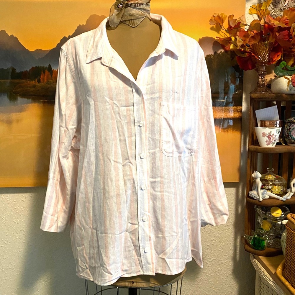 Side Stitch Button Down Coastal Cowgirl Linen Blend Womens 2X Pink White Stripe